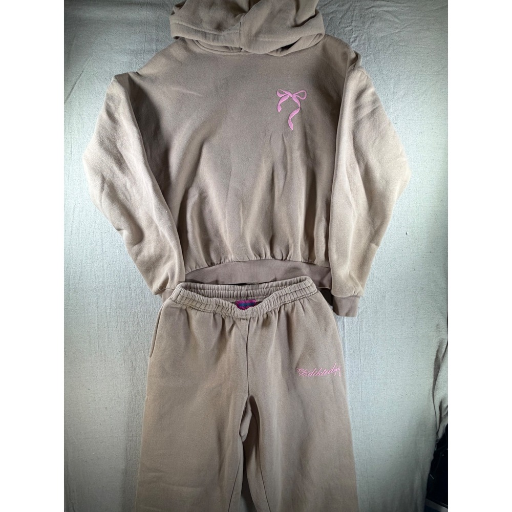 Edikted 2 Piece Sweatsuit Womens XS Beige Pink Bow Hoodie Jogger Set